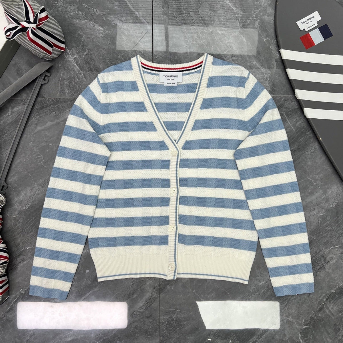 Thom Browne Style Striped V-Neck Button Cardigan